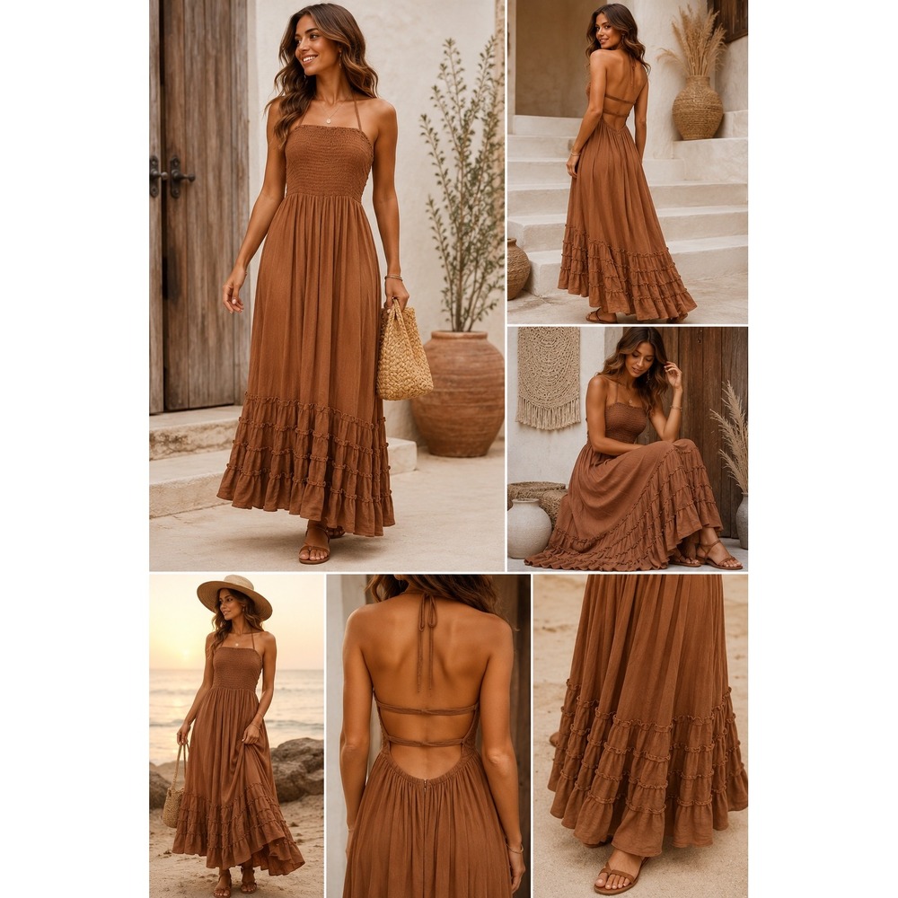 R. Vivimos Maxi Dress Womens S‎ Brown Rayon Cotton Boho Smocked Open Back Ruffle